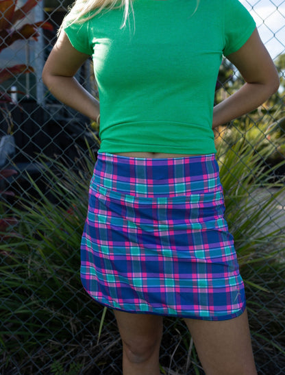 Gmaxx Skorts, Funky Tartan in Pink Aqua and Blue, Ideal for pickleball,;tennis, golf , Length Mid Thigh, Skort with pockets, suit tennis dress, tennis skirt pickleball, golf skort, Golf skirt